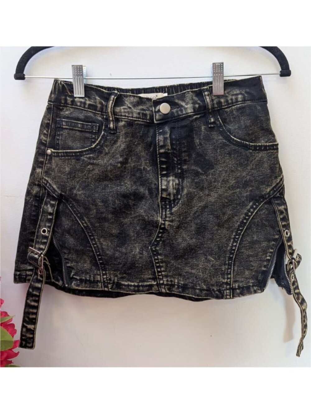 Black Denim Mebon Mini Skirt (micro?) with straps buckles and side zippers - M